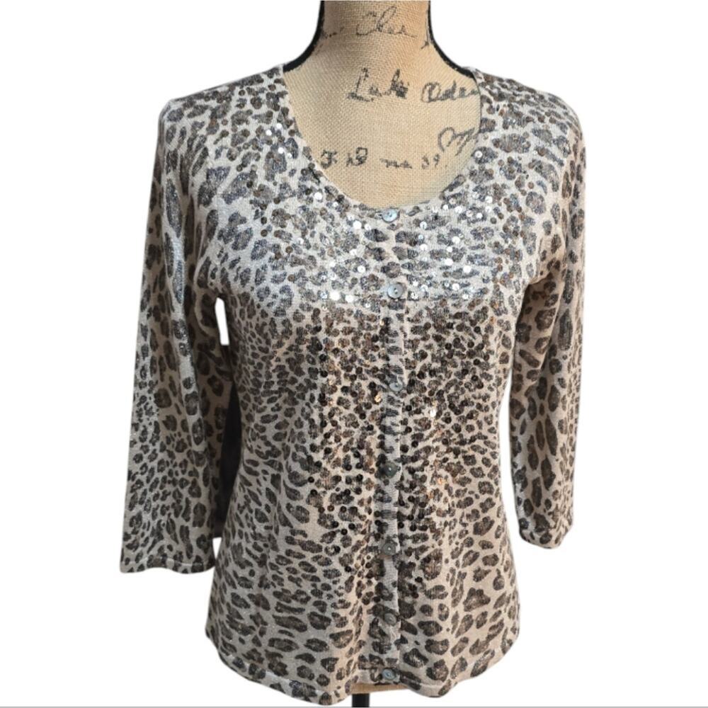 Chico's Leopard Print Metallic Sequin Women's Cardigan Sweater Size 1 Medium